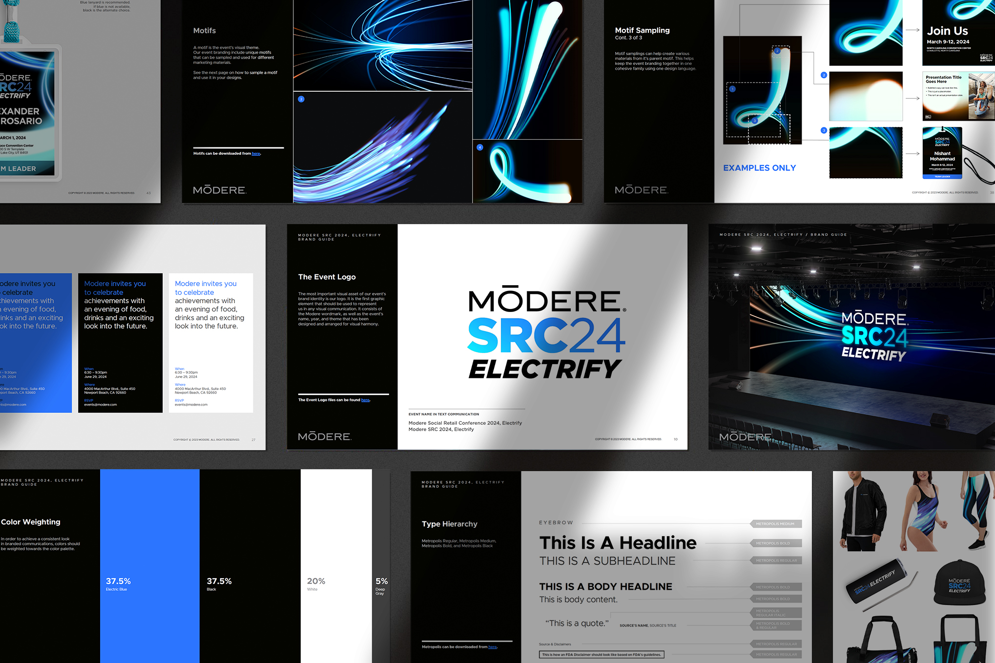 Modere Electrify event style guide — brand guideline pages spread out, showing logo lockup, motifs, type hierarchy, and color weighting